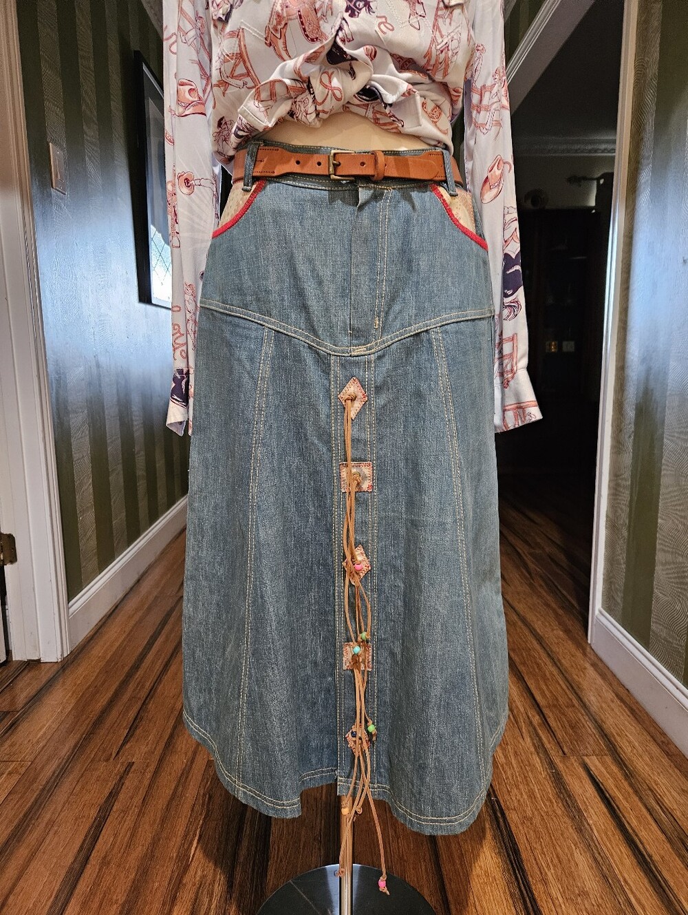 Custom Vintage Blue Denim Skirt with Leather, Beads And Suede Size 8